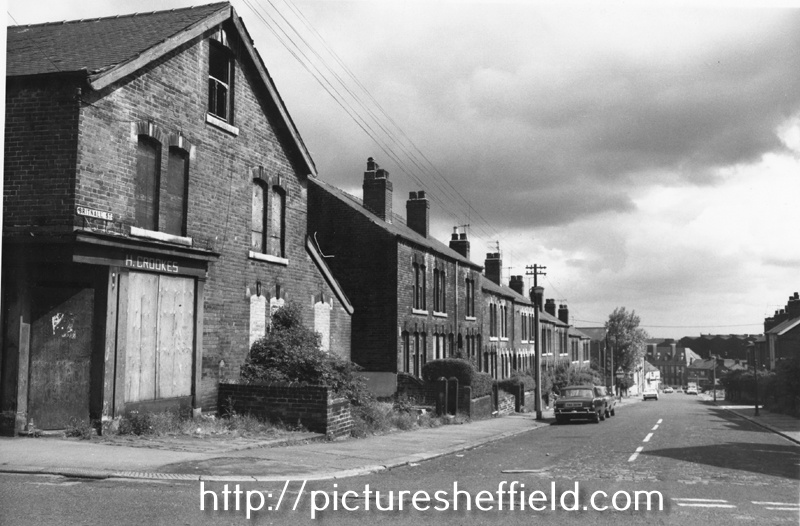 Derelict H. Crookes, corner shop, No. 67, Shirland Lane and housing on Britnall Street looking towards Worksop Road