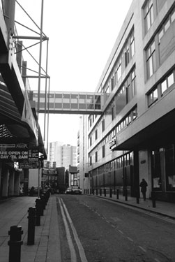 John Lewis, (formerly Cole Brothers), department store. Walkway across Burgess Street to their Accounts Department with Kingdom Nightclub (formerly Odeon Cinema (extreme left) looking towards Cross Burgess Street