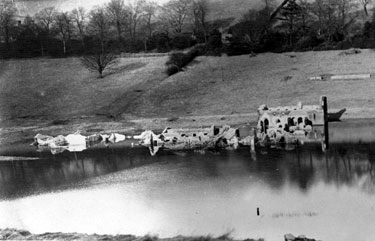 Ruins of Derwent Hall, Ladybower Reservoir, during drought, 1935-45