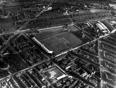 Aerial view - Bramall Lane Football and Cricket Ground, Denby Street Nursery in foreground, St. Mary's Church and Britannia Brewery, left, Hill Street and Anchor Brewery, right, Shoreham Street in background