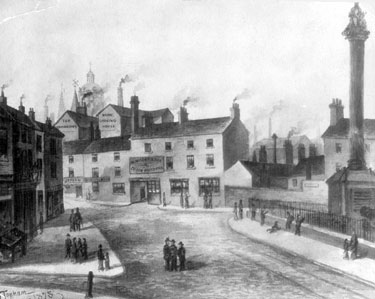 Moorhead, Cambridge Street (in background) and Button Lane (left), premises on Button Lane include No. 6 John Mottram, greengrocer, No. 10 Parrot Inn, premises on Cambridge Street No. 77 George Jepson, chemist, No. 79 Wm. Wilson and Son