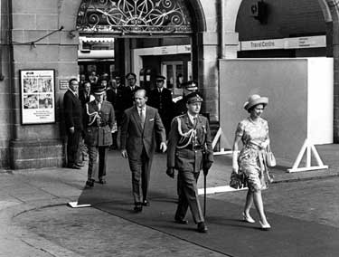 Queen Elizabeth II and HRH Duke of Edinburgh leaving the Sheffield Midland railway station at the start of the royal visit