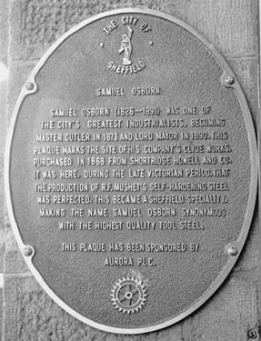 Plaque to Samuel Osborn (1826-1891) situated at No. 48 Wicker, Sheffield Caribbean Community Association, formerly offices for Samuel Osborn and Co., Clyde Steel Works Works
