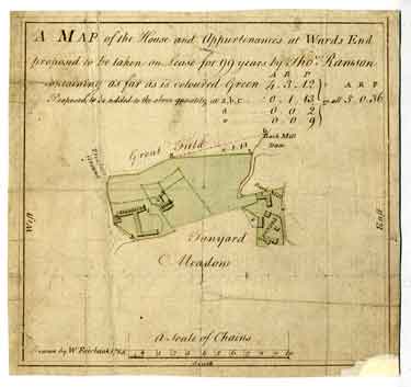 A map of the house and appurtenances at Wards End [Wardsend] proposed to be taken on lease for 99 years by Thos. Rawson