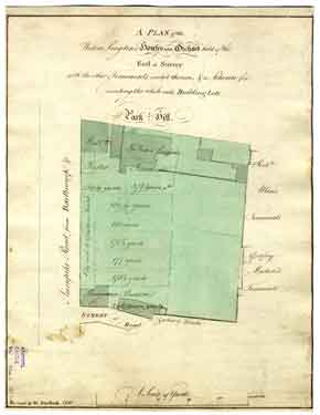 A plan of the Widow Longden's Houses and Orchard held of the Earl of Surrey with the other Tenements erected thereon, and a Scheme for dividing the whole into Building Lots
