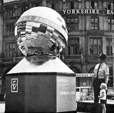 Staybrite Ball outside Sheffield Town Hall to promote the 'Science Fair' at Granville College. PC John Mason (the Town Hall Bobby)  is seen here with Emmett Maloney from Stocksbridge