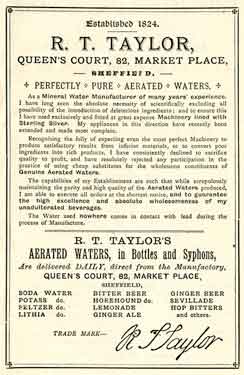 Advertisement for R. T. Taylor, mineral water manufacturer, Queen's Court, No. 82 Market Place