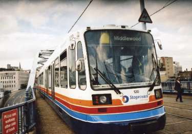 Supertram No. 120 on Park Square Supertram bridge