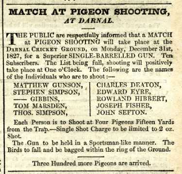 Advertisement for pigeon shooting at Darnall Cricket Ground in the Sheffield Courant