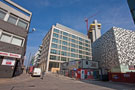 Junction of Charles Street and Norfolk Street looking towards Two St. Pauls Place with the QPark, multi storey car park (known locally as the cheesegrater) right and City Lofts Apartments under construction in the backgroynd