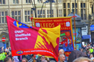 Protesters demonstrating against proposed financial cuts at the Liberal Democrat conference which was held at Sheffield City Hall