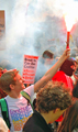 Protesters demonstrating against proposed financial cuts at the Liberal Democrat Party conference, which was held at Sheffield City Hall