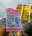 Protesters demonstrating against proposed financial cuts at the Liberal Democrat Party conference which was held at Sheffield City Hall