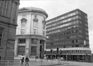 Department of Works and Pensions, Steel City House at the junction of West Street (left) and Pinfold Street with The City Plaza Building on the right at the junction of Pinfold Street and Townhead Street from Leopold Street