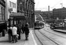 View: s00083 Supertram No. 7 in Commercial Street showing (left) Canada House (the old Gas Company offices) 