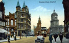 View: s00336 Pinstone Street at junction with Cross Burgess Street. St. Paul's Church and Town Hall, right. Salvation Army Citadel and Nos. 60 - 62 Stewart and Stewart, tailors and Sheffield Cafe Co., Wentworth Cafe