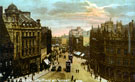 Elevated view of sunset on Fargate, Bank Chambers, left, Albany Hotel and Yorkshire Penny Bank, right