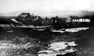 View: s00587 Sheffield Flood. Remains of Hill Bridge, Walkley Lane, Hillsborough, from Holme Lane, Limbrick Lane, right (where white washed houses are, note, high waterline above second floor windows)