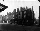 Shops on Barkers Pool known as Pool Place, demolished to make way for War Memorial includes No. 116 New Music Hall Tavern, No. 118 Misses C. and L. Mayor, art needlework dealers, No. 120 Fred Dover Ltd., confectioners, No. 122 William Hann, draper