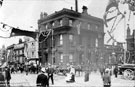 View: s03285 Junction of Haymarket and Commercial Street from Fitzalan Square, decorated for royal visit of King Edward VII and Queen Alexandra, General Post Office on corner