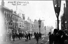 View: s03289 High Street decorated for royal visit of King Edward VII and Queen Alexandra, premises on left include No 13, Castle Chambers and old Telegraph Offices