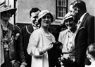 View: s03448 Royal visit of the Duchess of York to Painted Fabrics, Meadowhead.  The Lord Mayor, Fred Marshall, is behind the Duchess, and Captain Lionel Scott of Painted Fabrics is on right of the photograph. Group standing in front of the Haigh Memorial Homes.