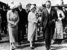 View: s03456 Royal visit of Duchess of York to Painted Fabrics Limited, Meadowhead.  Captain Lionel Scott of Painted Fabrics leading the party.