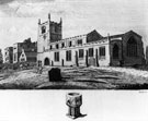 South East view of St. James C. of E. Church, Norton, and the early seventeenth century Norton Hall, prior to demoltion