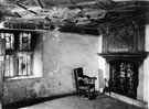 Queen Mary's room in the Turret Lodge at Sheffield Manor House, Manor Park, prior to restoration. The Shrewsburys Coat of Arms are carved over the fireplace