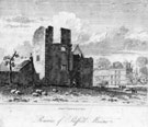 Engraving of Manor House Ruins from the east, showing the 'New Tower', also known as 'Wolsey's Tower'. It is said that Cardinal Wolsey drank poison that terminated his life at Sheffield Manor House. Turret Lodge in background