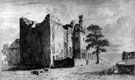 Engraving showing the south view of Manor House Ruins, Manor Lane. The great kitchen tower is on the left