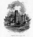 Engraving showing the remains of the octagonal tower at the entrance to Sheffield Manor House, Manor Lane