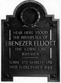 Plaque near Ebenezer Elliott's birth place, Masbrough, Rotherham