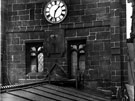 Sundial, belfry windows and clock at Sheffield Cathedral