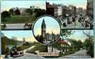 Postcard depicting views of Sheffield, Town Hall, High Street, Weston Park and University, Firth Park and Whiteley Woods