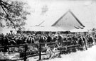 Pay-day (Friday) during the building of Howden Dam. Workmen queue outside the Derwent Valley Yorkshire Board's office at Howden