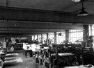 Interior of Sheffield Corporation Printing Department - View of the Machine Room Automatic Platens on left Centurette Automatic Feed Two-Revolution Press in foreground