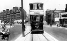 View: s13074 Angel Street, Tram 497, Snig Hill and Corporation Buildings, background. Buildings (back right) are Duncan Gilmour's, Lady's Bridge Brewery, Water Lane