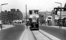View: s13075 Angel Street, Tram 42, Snig Hill and Corporation Buildings, background, Brightside and Carbrook Co_Op (Castle House No. 1) on right, Buildings (back right) are Duncan Gilmour's, Lady's Bridge Brewery, Water Lane