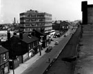 View: s13173 Elevated view of Attercliffe Road showing the junction of Royds Mill Street, properties including No. 199 Royds Post Office, No. 209 Halfway Cafe, Sheffield Smelting Co.(left) and Firth Brown and Co Ltd., Research Laboratories under construction