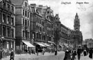 Fargate from High Street, 1895-1915, premises include No 9 A.H. Holland, provision dealer, Nos. 11-15 Goldsmith's Chambers, Nos.19-23, Independent Offices (Fargate House), No 2, High Street, Nicholson, Greaves, Barber and Hastings, auctioneers, left 