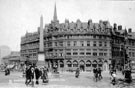 Fargate/Town Hall Square, 1890-1904, looking towards Albany Hotel, Yorkshire Penny Bank and Carmel House, Jubilee Monolith in foreground