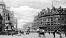 Fargate from Town Hall Square, 1895-1915, Queen Victoria Monument, left, Albany Hotel, Yorkshire Penny Bank and Carmel House, right