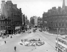 View: s15655 Elevated view of Town Hall Square looking towards Fargate, Town Hall Square rockery, foreground, No. 66 Fleur de Lys public house and Bank Chambers, left, Carmel House, Albany Hotel and Yorkshire Penny Bank, right