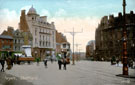 Fargate and Town Hall Square,1895-1915, Queen Victoria Monument and Bank Chambers, left, Albany Hotel and Yorkshire Penny Bank, right