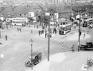 View: s15823 Streetscene, Firth Park roundabout, Firth Park Road, 3pm August 1947 showing bottom of Bellhouse Road, shops and housing in the background