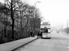 View: s15843 Sheffield Transport bus No. 445 picking up passengers at the stop after the Library, Firth Park Road heading towards Sheffield