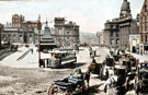 View: s16018 Fitzalan Square, cab stand, foreground, Market Street, left, Fitzalan Market Hall, High Street and Omnibus Waiting Rooms, centre, Birmingham District and Counties Banking Co. Ltd., right (with domed roof)