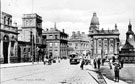 View: s16023 Fitzalan Square from High Street, looking towards Commercial Street and old Sheffield Gas Company offices, Omnibus Waiting Rooms and Birmingham District and Counties Banking Co. Ltd., right, Fitzalan Market Hall and General Post Office (Haymarket)