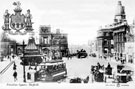 View: s16025 Fitzalan Square, Cab Stand, foreground, Omnibus Waiting Rooms and Fitzalan Market Hall, left, General Post Office (Haymarket) and Birmingham District and Counties Banking Co. Ltd, right